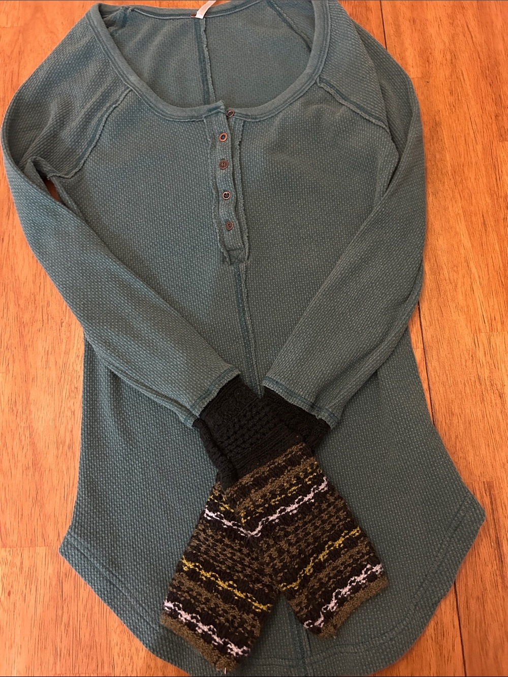 Free People Waffle-Knit Henley Scoop Neck Sweater in Teal